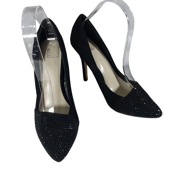 APT. 9! BLACK VEGAN SUEDE LEATHER MICRO-JEWELED TOE IN BLACK HEELS, PUMPS! SZ 8M - Picture 2 of 10